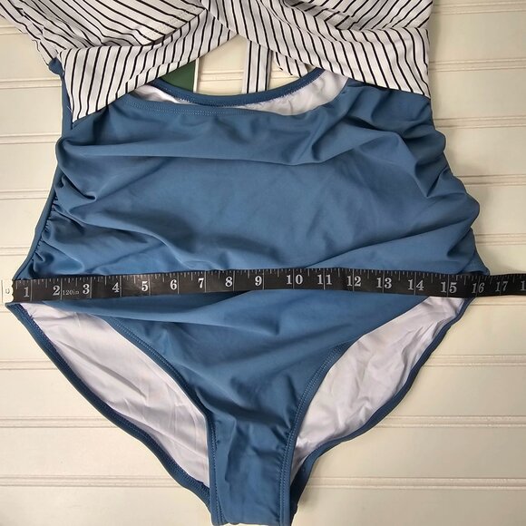 Women's Blue Striped Wrap Top Cut Out High Waist One Piece Swimsuit Size XL NWT - Picture 13 of 13